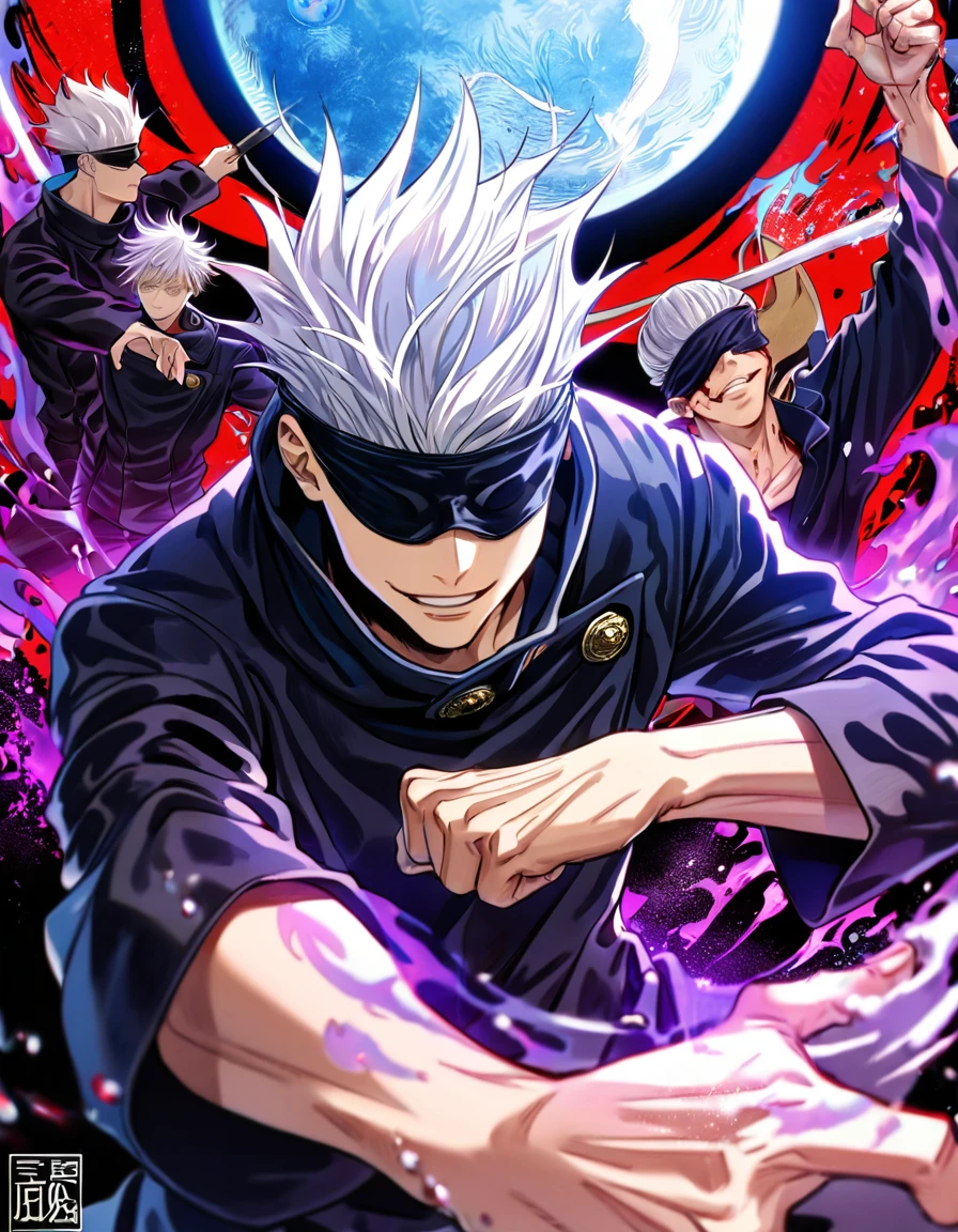 absurdres, highres, ultra detailed, HDR, master piece, Gojou Satoru, white hair, blindfolded eyes, black shirt, Jujutsu Kaisen, man, handsome, best quality, blue moon, magical, solo, water Jujutsu Kaisen uniform, handsome smile, purple aura, fight pose, dynamic positon, bloodshed background