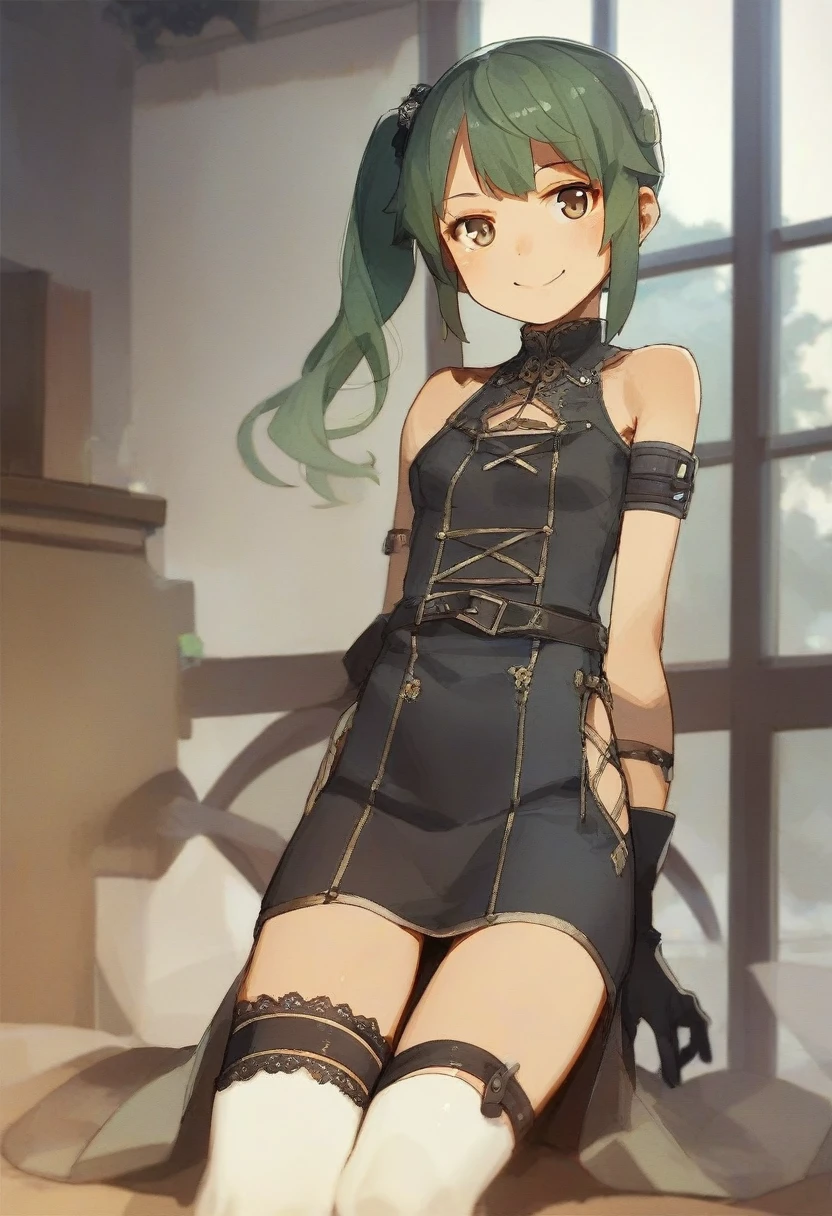 score_9, score_8_up, source_anime,
asanagi, by muk \(monsieur\)
BREAK,
1girl,ubel, side ponytail, dark green hair,
black gloves, black dress, thigh strap, arm strap, kneehighs,
facing viewer, slight smile,
indoors