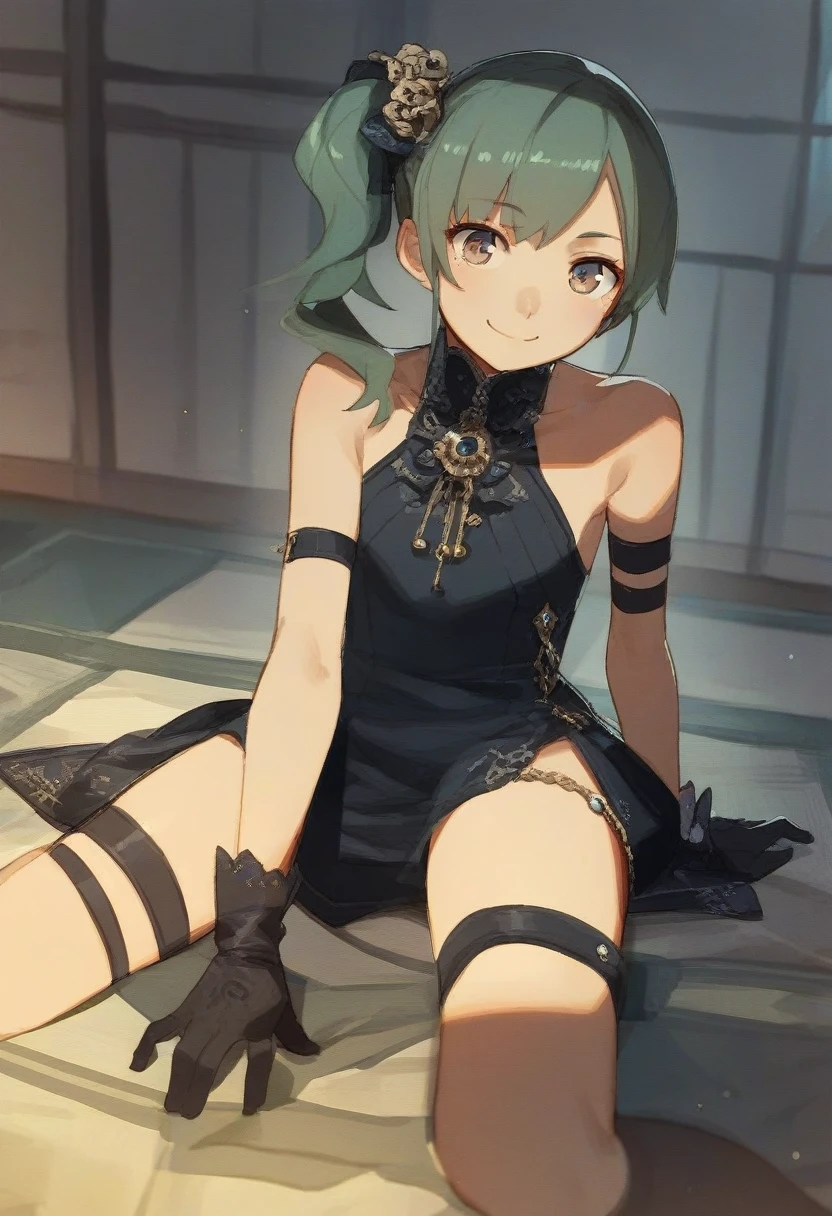 score_9, score_8_up, source_anime,
asanagi, by muk \(monsieur\)
BREAK,
1girl,ubel, side ponytail, dark green hair,
black gloves, black dress, thigh strap, arm strap, kneehighs,
facing viewer, slight smile,
indoors