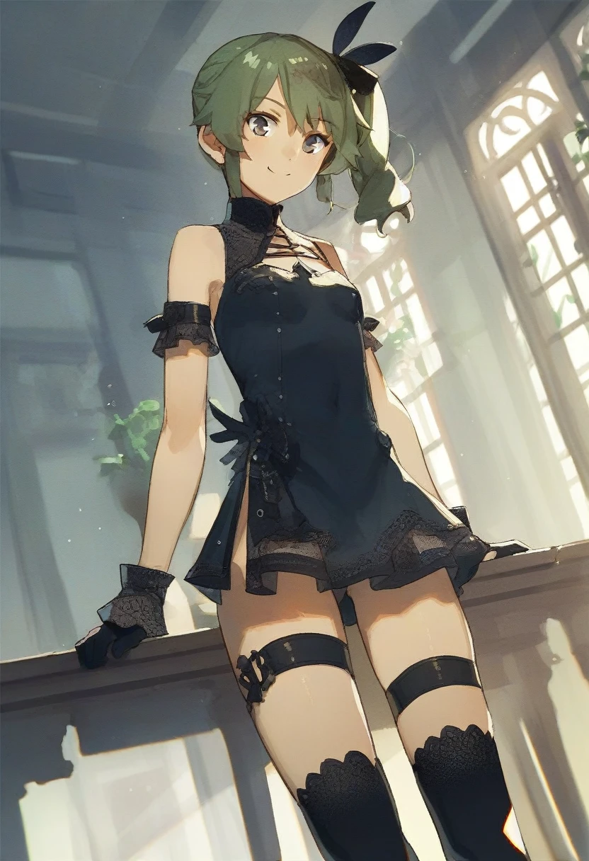 score_9, score_8_up, source_anime,
asanagi, by muk \(monsieur\)
BREAK,
1girl,ubel, side ponytail, dark green hair,
black gloves, black dress, thigh strap, arm strap, kneehighs,
facing viewer, slight smile,
indoors