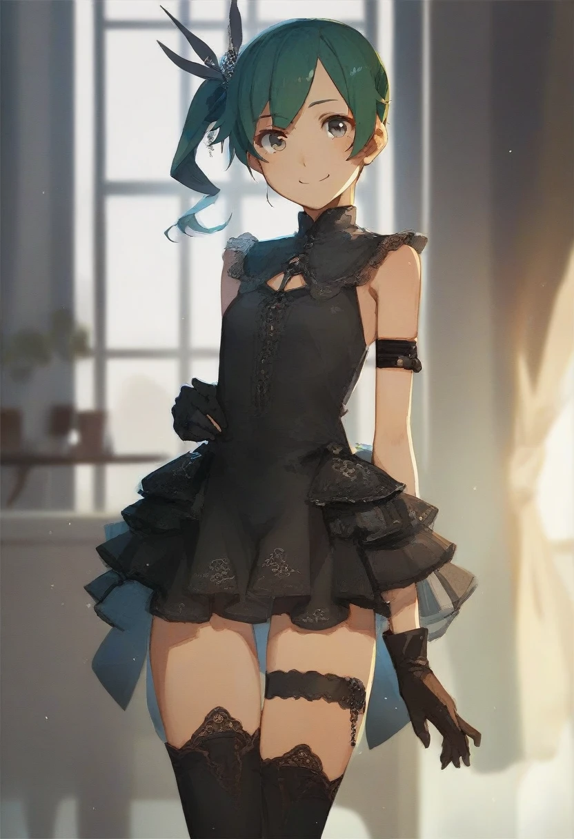 score_9, score_8_up, source_anime,
asanagi, by muk \(monsieur\)
BREAK,
1girl,ubel, side ponytail, dark green hair,
black gloves, black dress, thigh strap, arm strap, kneehighs,
facing viewer, slight smile,
indoors