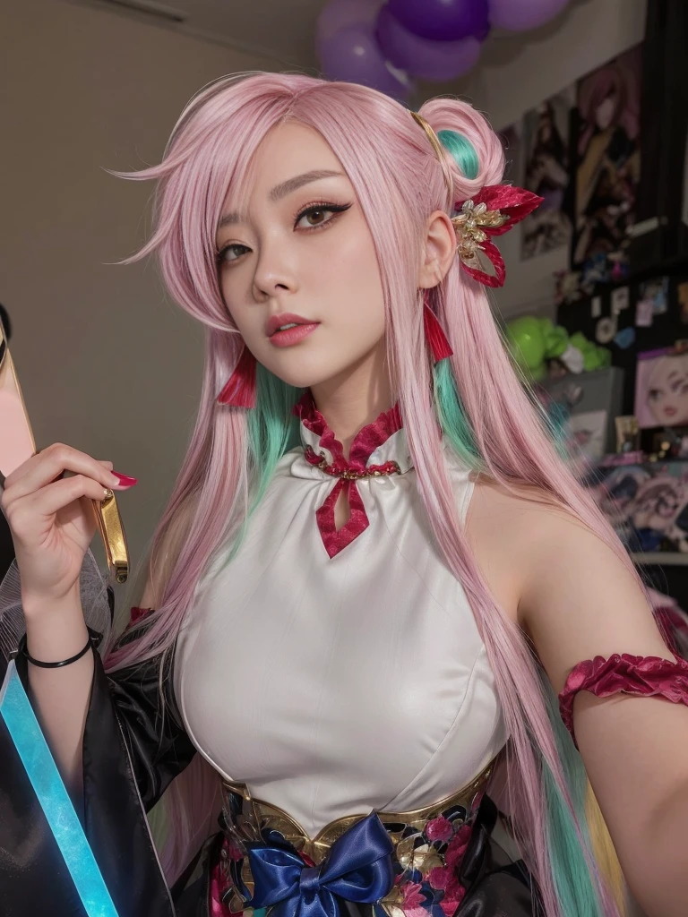 Araffe dressed in a costume holding a cell phone and a knife., anime inspired, chica anime cosplay, cosplay anime, professional cosplay, cosplay, anime girl in real life, cartoon character; full body art, animated style, glamorous cosplay, genshin impact keqing, animated styled, Sakura Haruno, irelia from league of legends, anime waifu, Asian face, idol face, asian girl videogame face, waifu Asian face.