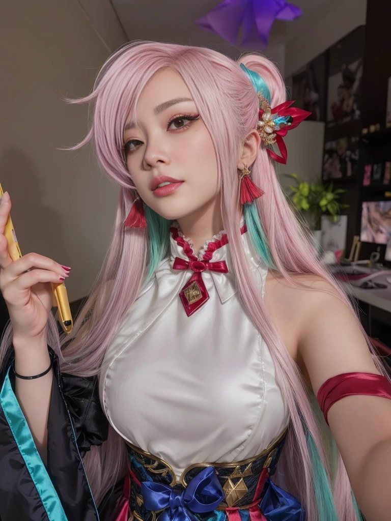 Araffe dressed in a costume holding a cell phone and a knife., anime inspired, chica anime cosplay, cosplay anime, professional cosplay, cosplay, anime girl in real life, cartoon character; full body art, animated style, glamorous cosplay, genshin impact keqing, animated styled, Sakura Haruno, irelia from league of legends, anime waifu, Asian face, idol face, asian girl videogame face, waifu Asian face.