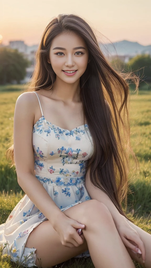 ((top quality, 8 thousand, masterpiece:1.5)), (beautiful body:1.4), very detailed face, detailed eyes, double eyelid, smiling face, While posing as a model, keep your legs together, long hair, She is one, The legs are beautiful, Korean streets, huge meadow, Evening sunset, She is wearing a simple dress.,