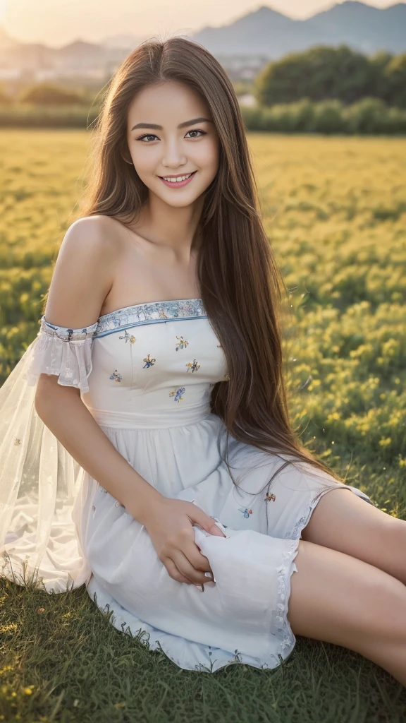 ((top quality, 8 thousand, masterpiece:1.5)), (beautiful body:1.4), very detailed face, detailed eyes, double eyelid, smiling face, While posing as a model, keep your legs together, long hair, She is one, The legs are beautiful, Korean streets, huge meadow, Evening sunset, She is wearing a simple dress.,