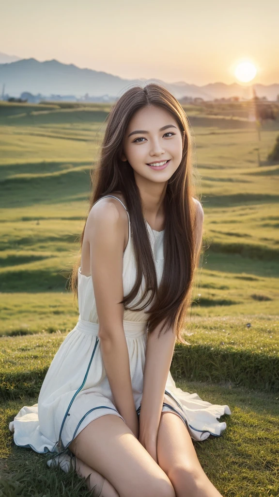 ((top quality, 8 thousand, masterpiece:1.5)), (beautiful body:1.4), very detailed face, detailed eyes, double eyelid, smiling face, While posing as a model, keep your legs together, long hair, She is one, The legs are beautiful, Korean streets, huge meadow, Evening sunset, She is wearing a simple dress.,