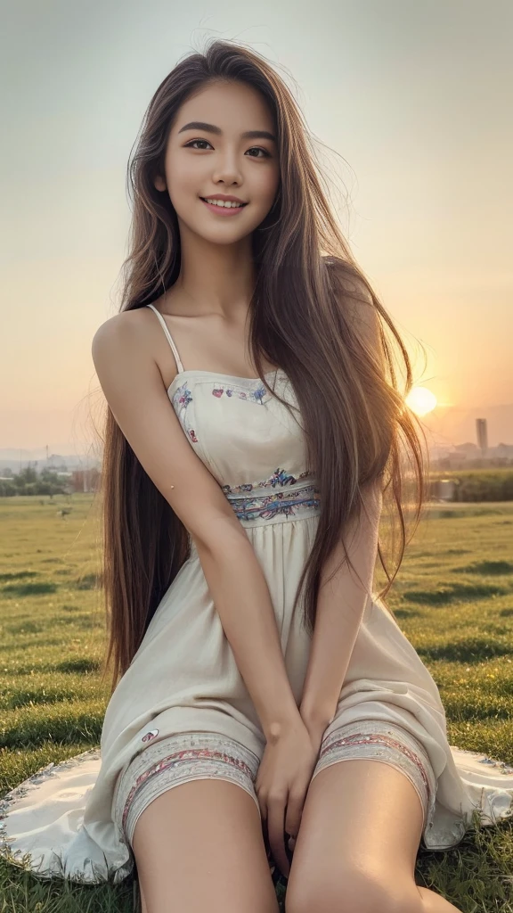 ((top quality, 8 thousand, masterpiece:1.5)), (beautiful body:1.4), very detailed face, detailed eyes, double eyelid, smiling face, While posing as a model, keep your legs together, long hair, She is one, The legs are beautiful, Korean streets, huge meadow, Evening sunset, She is wearing a simple dress.,