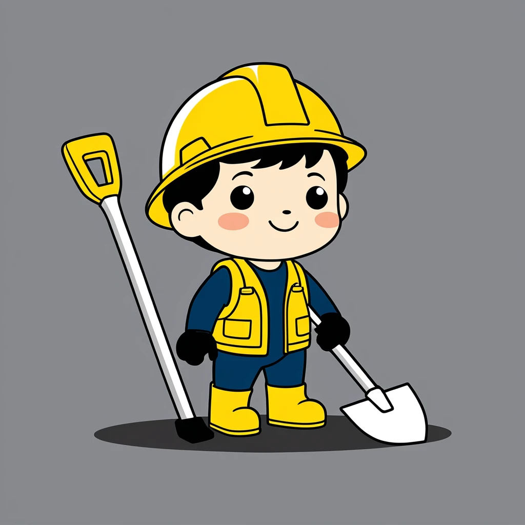 Cute Mole, figure, Vector graphics, Strong Contours, Yellow construction helmet,shovel
