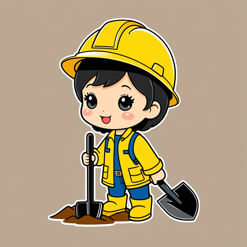 Cute Mole, figure, Vector graphics, Strong Contours, Yellow construction helmet,shovel