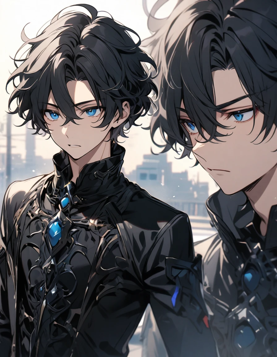 Boy (black hair, wavy hair, short hair, blue eyes, dark clothes)