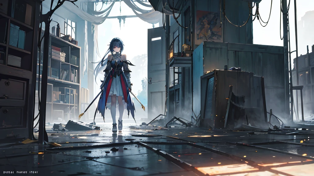An anime girl standing alone in the dim light of the morning, with a serene yet determined expression on her face. The background shows the remnants of a fantasy world crumbling away, symbolizing the deceitful charm and lies she has left behind. The scene is filled with shadows receding as the truth is unveiled, and the first light of dawn begins to break through. She is dressed in flowing garments that hint at a past masquerade, now torn and discarded. Her eyes are clear and focused, symbolizing her newfound clarity and strength. The atmosphere is one of liberation and healing, with soft, natural lighting enhancing the emotional depth. In the distance, there are hints of a new, hopeful beginning, as she walks away from the shadows of her past.