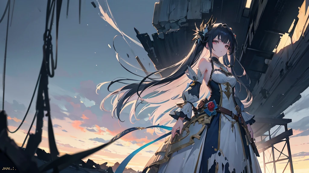 An anime girl standing alone in the dim light of the morning, with a serene yet determined expression on her face. The background shows the remnants of a fantasy world crumbling away, symbolizing the deceitful charm and lies she has left behind. The scene is filled with shadows receding as the truth is unveiled, and the first light of dawn begins to break through. She is dressed in flowing garments that hint at a past masquerade, now torn and discarded. Her eyes are clear and focused, symbolizing her newfound clarity and strength. The atmosphere is one of liberation and healing, with soft, natural lighting enhancing the emotional depth. In the distance, there are hints of a new, hopeful beginning, as she walks away from the shadows of her past.