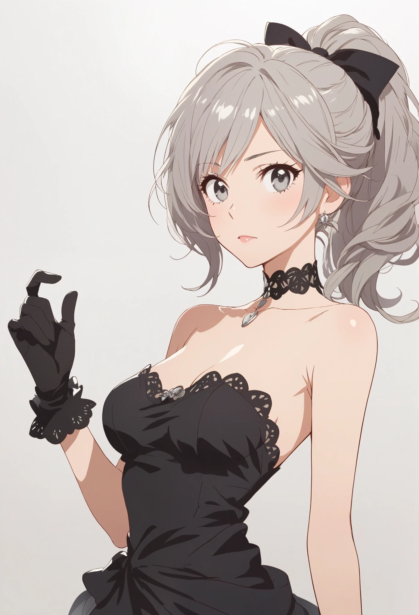 score_9, score_8_up, score_7_up, source_anime, source_cartoon, 1girl, bare shoulders, black choker, black dress, black gloves, choker, dress, gloves, grey eyes, grey hair, ponytail, simple background, solo, 