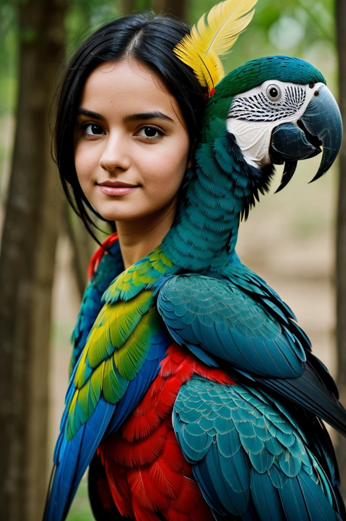 A girl with dark hair a parrot on her shoulder and background with feathers