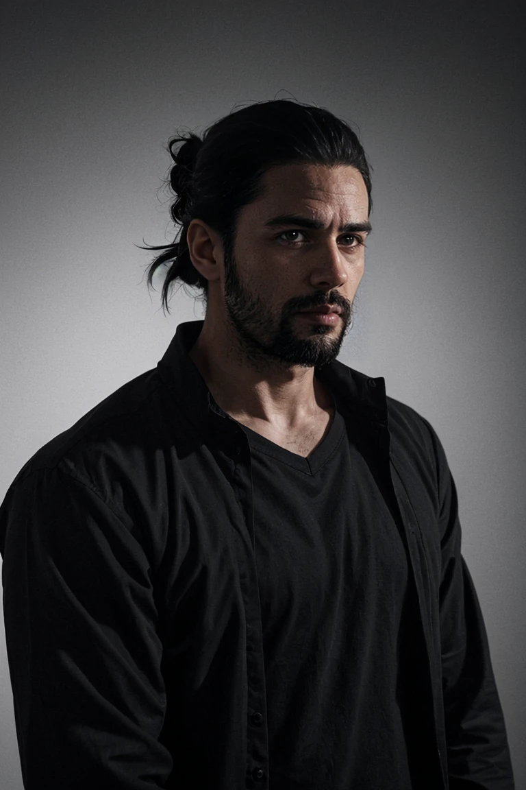 Create an image of a 35-year-old Latino man with a long Spartan-style beard. The beard is dense, well-groomed, and extends down his chest, giving him a rugged and imposing appearance. He has long, straight hair tied back in a samurai-style bun, adding to the edgy rock vibe. His jawline is strong and angular, with pronounced lines. His eyes are deep and expressive, with thick eyebrows adding intensity to his gaze. His skin is slightly tanned, reflecting his Latino heritage.

He is dressed in a long black shirt, exuding a rock 'n' roll aesthetic. The scene is entirely in black and white, creating a stark, dramatic effect. The man is positioned in the background, completely hidden in the shadows, with only faint outlines and subtle highlights hinting at his presence and attire.

The background is softly blurred with muted tones, emphasizing the dark and brooding presence of the figure. The minimal, dramatic lighting casts deep shadows that obscure most of his features, contributing to a haunting and atmospheric rock 'n' roll feel. Ensure the overall image maintains a monochromatic black and white palette to enhance the intense and mysterious atmosphere.