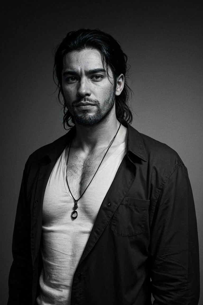 Create an image of a 35-year-old Latino man with a long Spartan-style beard. The beard is dense, well-groomed, and extends down his chest, giving him a rugged and imposing appearance. He has long, straight hair tied back in a samurai-style bun, adding to the edgy rock vibe. His jawline is strong and angular, with pronounced lines. His eyes are deep and expressive, with thick eyebrows adding intensity to his gaze. His skin is slightly tanned, reflecting his Latino heritage.

He is dressed in a long black shirt, exuding a rock 'n' roll aesthetic. The scene is entirely in black and white, creating a stark, dramatic effect. The man is positioned in the background, completely hidden in the shadows, with only faint outlines and subtle highlights hinting at his presence and attire.

The background is softly blurred with muted tones, emphasizing the dark and brooding presence of the figure. The minimal, dramatic lighting casts deep shadows that obscure most of his features, contributing to a haunting and atmospheric rock 'n' roll feel. Ensure the overall image maintains a monochromatic black and white palette to enhance the intense and mysterious atmosphere.