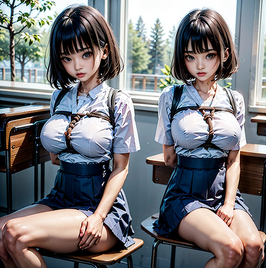 Highest quality，masterpiece，Ultra-high resolution, Very detailed, 8K，14 year old beautiful Japanese woman:1.5, Small face, Black short hair, blunt bangs, Breast Augmentation Surgery, (Junior high school uniform:1.5, skirt), 　chest tied with rope、　Sit in the classroom、　Hands tied with rope、　Put your hands behind your head