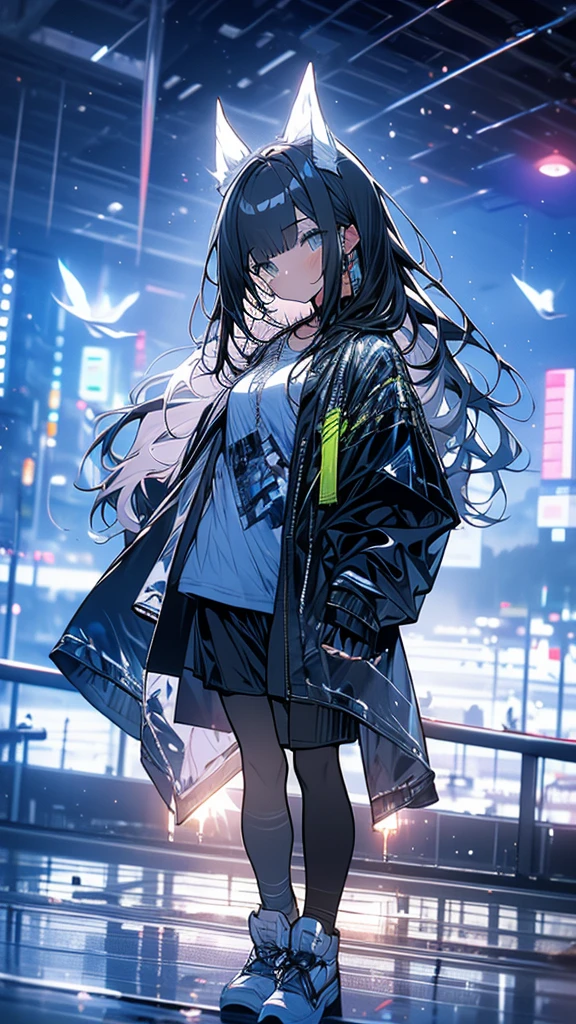 Exquisite detail,Highest quality, One girl, alone, handrail, cloud, Looking up at the buildings,Long Hair, zero, Long sleeve, Power lines, White footwear, Black Hair, View your viewers, Electric pole, bangs, cloudy zero, fish, bird, Green Eyes, Shorts, Day, Black Shirt, barefoot,Blue sky,Star,milky way,Pitch black,Buildings,Standing and looking up,Loose perm, Fuji Mountain,