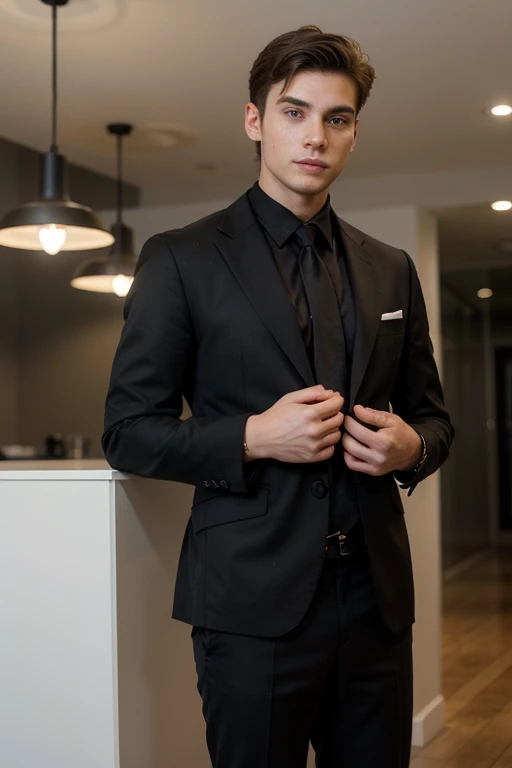 Create a realistic illustration of man a 20-year-old professional, dressed in a stylish black suit. He should have a confident and determined expression, with well-groomed hair and a subtle, discreet smile. The setting should be suitable for a corporate environment, with soft, neutral lighting emphasizing professionalism and seriousness.
