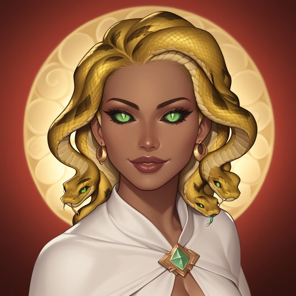 (((beautiful, high quality, perfect eyes, comics style, semi-realistic, detailed face))), bust shoot, score_9, score_8_up, score_7_up, | ((colored sclera, black sclera, slit pupils, scales)), 1girl, (((sn4k3h41r, snake hair))), Very ((dark skin, dark-skinned)), ((sexy, horny face, desire)), green eyes, attractive smile, (heart shape lips), seductive look, seductive pose, wears a red wizard robes over a white linen dress, | (wizard tower, fantasy background, blurred background), digital painting, volumetric lighting, easynegative, JIM EIDOMODE, Dungeons and Dragons 5th edition style illustration,