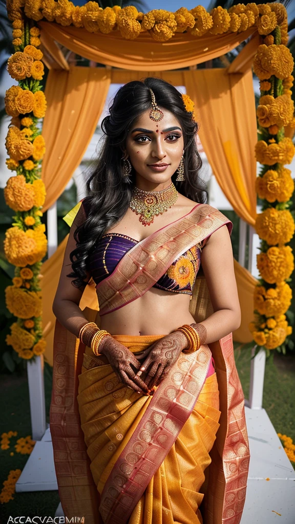 Immortalize the moment of a bride adorned in a resplendent Kanjeevaram saree, standing against a backdrop of marigold flowers. Highlight the bride's intricate makeup—deep eyeliner, long mascara, and a hint of shimmering eyeshadow—accentuating her radiant smile and the intricate patterns of her bridal saree.