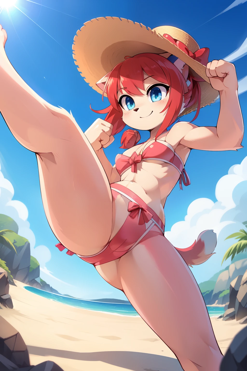 score_9,score_8_up,score_7_up, source_cartoon, source_furry, furry girl, cat, red hair, Knight bangs hairstyle, long ponytail, anime style, medium breasts, blue eyes, ((bright pink bikini Bandeau with bow in the center, side bows at the bottom, wide-brimmed hat)), high quality, detailed body, detailed eyes, detailed face, masterpiece, glistening body, detailed body fur, best quality, two tone body, pink fur, clear pink fur, perfect lighting, perfect shadows, perfect eyes, perfect hair, perfect face, gorgeous body, skinny, standing, solo, :3, smilling, standing, beach, clear sky, glowing blue eyes, outdoors, from above, fight, dynamic action shot, speed lines, motion blur, fighter pose, feet with three toes, ((high kick act, fist, kick focus)), detailed fist, detailed punch, jump, on air, low angle, feet with three toes, 3 toes, pawpads,