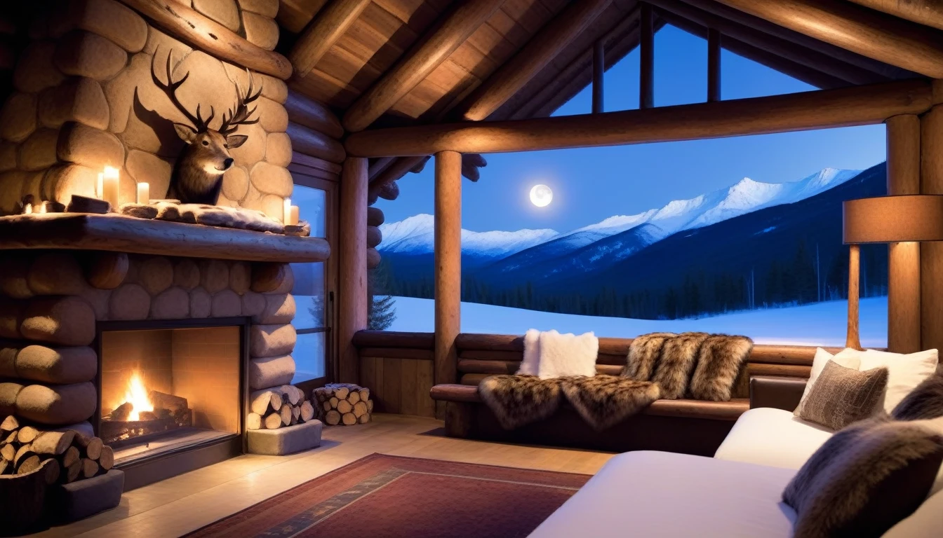 at night, frontal shot rustic mountain lodge, the warm light of the fireplace reflects inside the lodge, creating a cozy atmosphere. Dark wood, furs, and thick textiles add a rustic touch, Large windows frame a snow-covered valley bathed in the light of the full moon