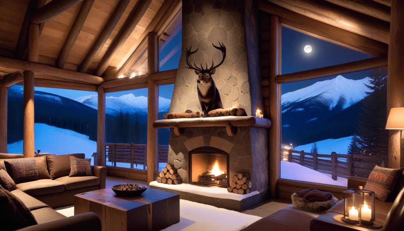 at night, frontal shot rustic mountain lodge, the warm light of the fireplace reflects inside the lodge, creating a cozy atmosphere. Dark wood, furs, and thick textiles add a rustic touch, Large windows frame a snow-covered valley bathed in the light of the full moon