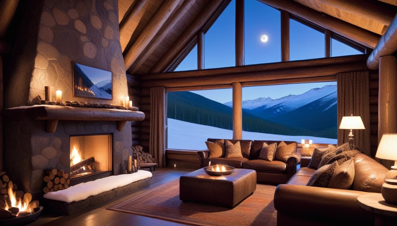 at night, frontal shot rustic mountain lodge, the warm light of the fireplace reflects inside the lodge, creating a cozy atmosphere. Dark wood, furs, and thick textiles add a rustic touch, Large windows frame a snow-covered valley bathed in the light of the full moon