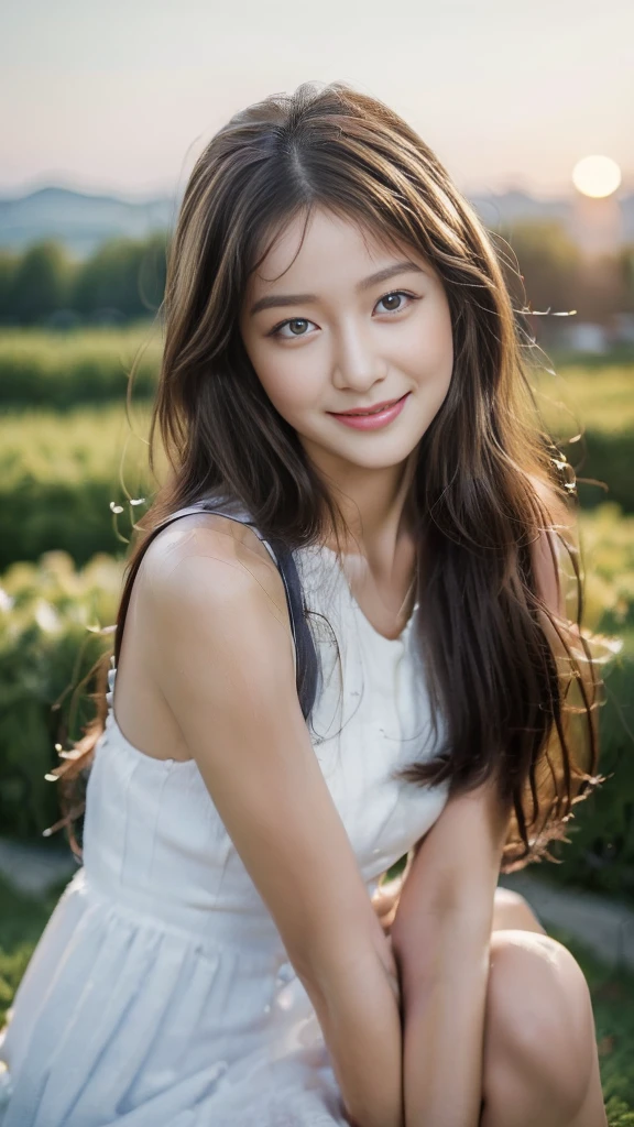 ((top quality, 8 thousand, masterpiece:1.5)), (beautiful body:1.4), very detailed face, detailed eyes, double eyelid, smiling face, While posing as a model, keep your legs together, long hair, She is one, The legs are beautiful, Korean streets, huge meadow, Evening sunset, She is wearing a simple dress.,