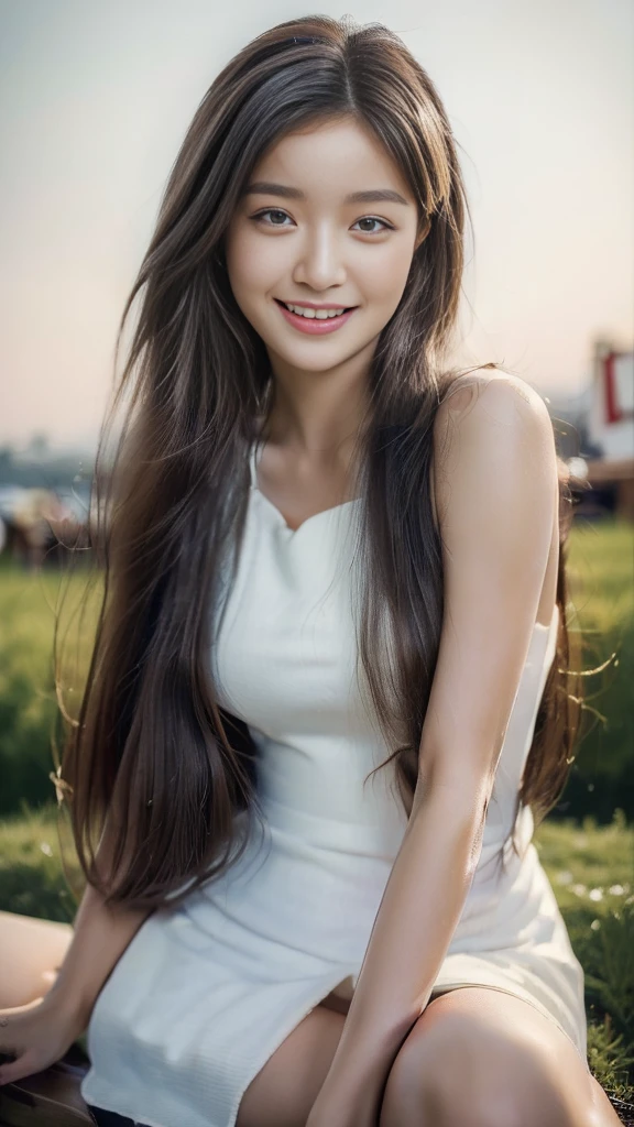 ((top quality, 8 thousand, masterpiece:1.5)), (beautiful body:1.4), very detailed face, detailed eyes, double eyelid, smiling face, While posing as a model, keep your legs together, long hair, She is one, The legs are beautiful, Korean streets, huge meadow, Evening sunset, She is wearing a simple dress.,