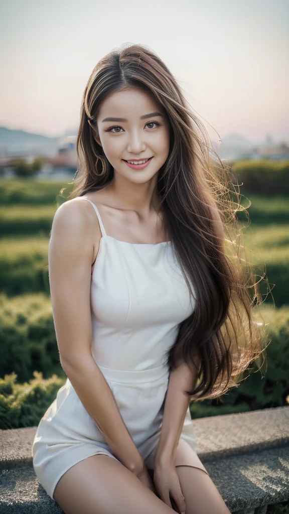 ((top quality, 8 thousand, masterpiece:1.5)), (beautiful body:1.4), very detailed face, detailed eyes, double eyelid, smiling face, While posing as a model, keep your legs together, long hair, She is one, The legs are beautiful, Korean streets, huge meadow, Evening sunset, She is wearing a simple dress.,