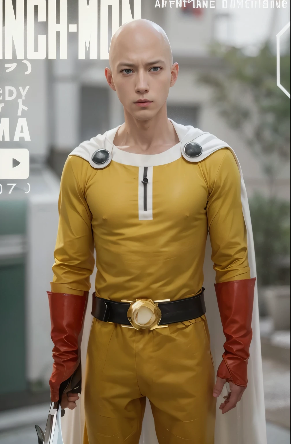 there is a man in yellow clothes and a white cape, handsome saitama, portrait of saitama, saitama, chef saitama One punch man, photorealistic human goku, handsome saitama. intricate, High detail iconic character, realistic 3d anime style, One punch man, anime cgi, anime cgi style, Realistic and detailed 3D anime style