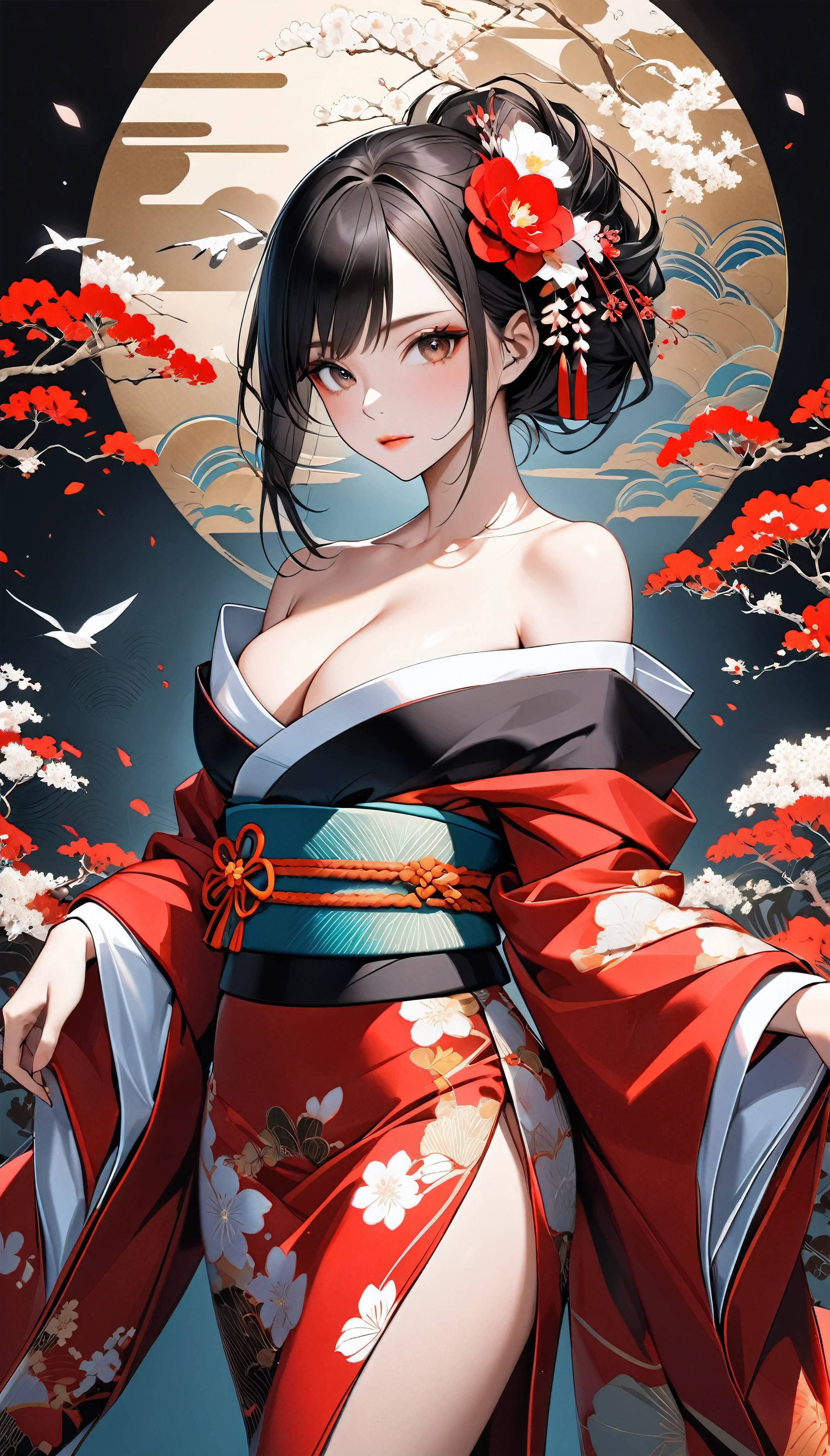 Attractive woman in traditional Japanese kimono, alone, Strapless off-shoulder kimono, Dark brownish black hair, Detailed and realistic skin texture, High contrast attractive skin tones, Captivating soft make-up, BREAK Luxury Japanese Kimono, Detailed silk texture, Silk luster, Fine and supple, Vibrant colors, Skin tension that accentuates cleavage, BREAK Gorgeous patterns on kimonos, Detailed and intricate coloring, Aesthetic high contrast, Healthy Skin, BREAK A bold composition that seduces the viewer, Absurd aesthetics,