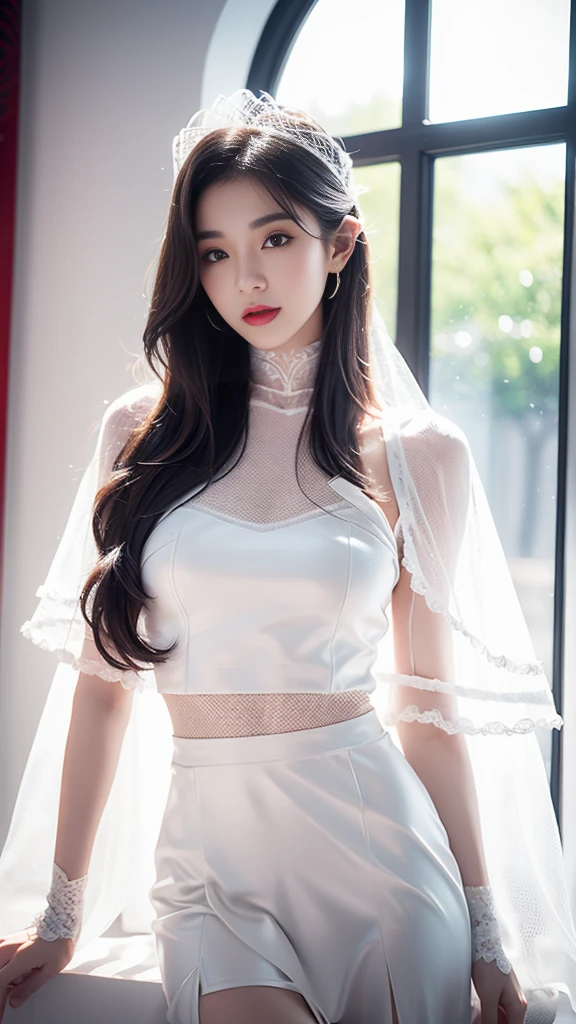 4K, UHD, masterpeice, 1 girl, front body, good face, very long hair, ((white skin)), fairytale outfit, white outfit, ((mesh)), bare waist, fujicolor, window, depth of field, ray tracing, ultra realistic detailes,