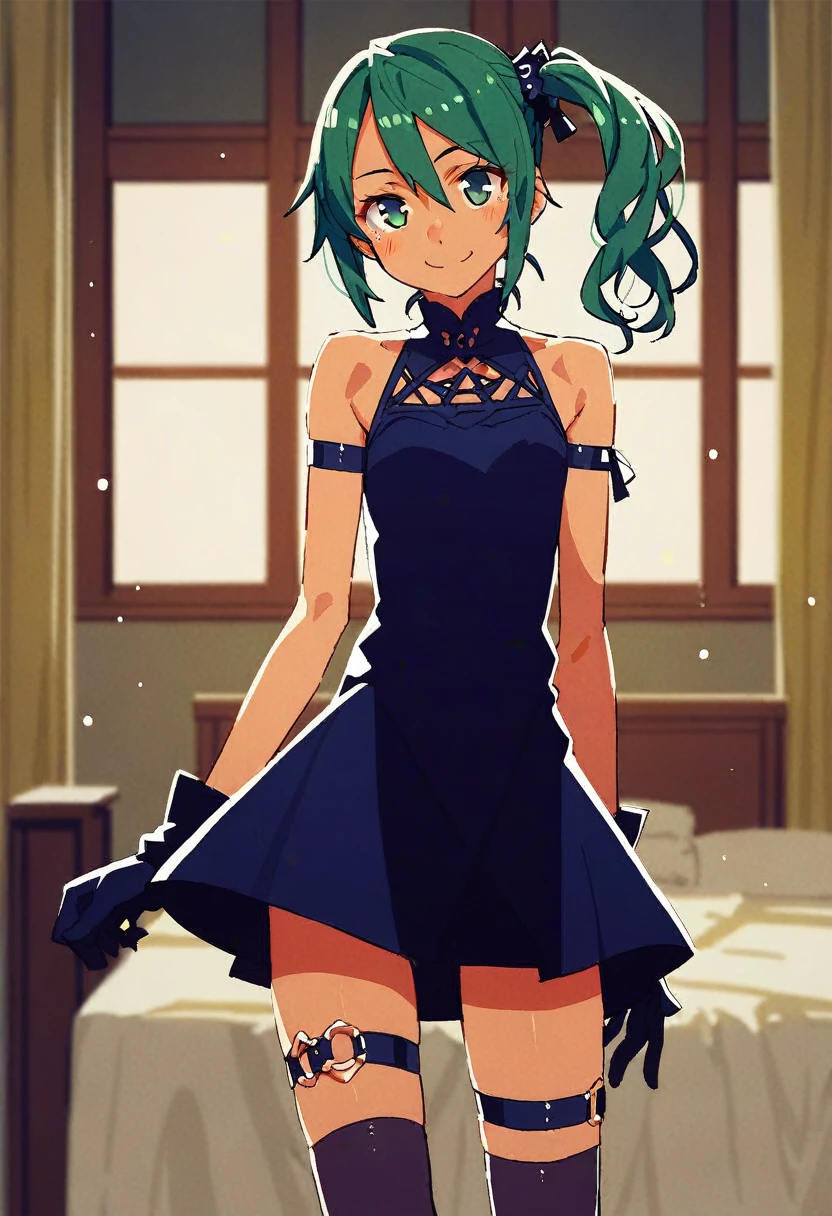 score_9, score_8_up, source_anime,
asanagi, by muk \(monsieur\)
BREAK,
1girl,ubel, side ponytail, dark green hair,
black gloves, black dress, thigh strap, arm strap, kneehighs,
facing viewer, slight smile,
indoors