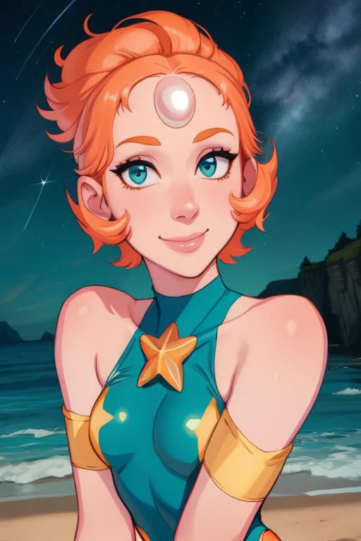 Pearl,short orange hair, forehead jewel, half-open eyes,  pointy hair, pointy nose, 
,Blue leotard with tiny gold star on front,  teal sash, yellow bike shorts, pink socks, bare shoulders ,sleeveless, nighttime, beach, stars,
 (insanely detailed,beautiful detailed face, masterpiece, best quality) 
 standing, smiling , solo, upper body