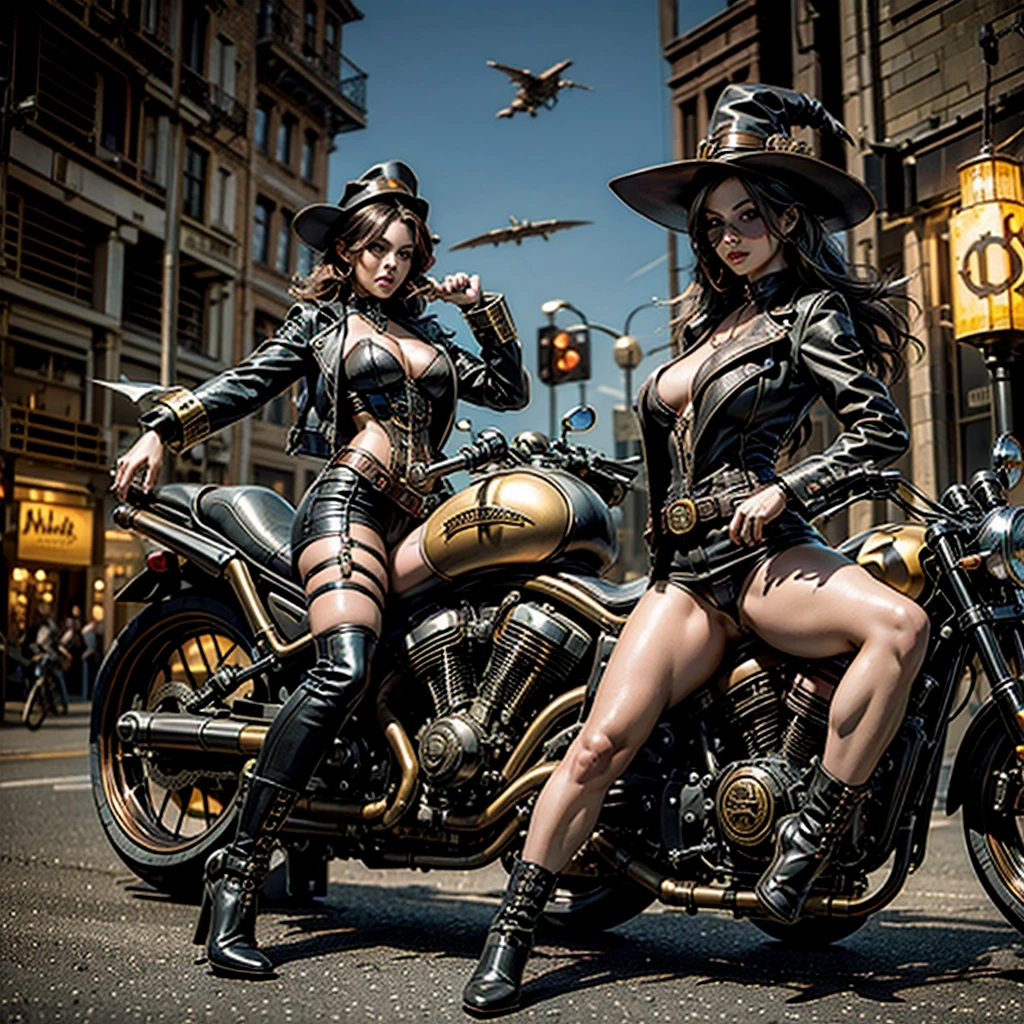 A realistic and detailed image of a sexy and hot steampunk witch traveling on a steampunk flying motorbike, with a demonic creature riding behind her