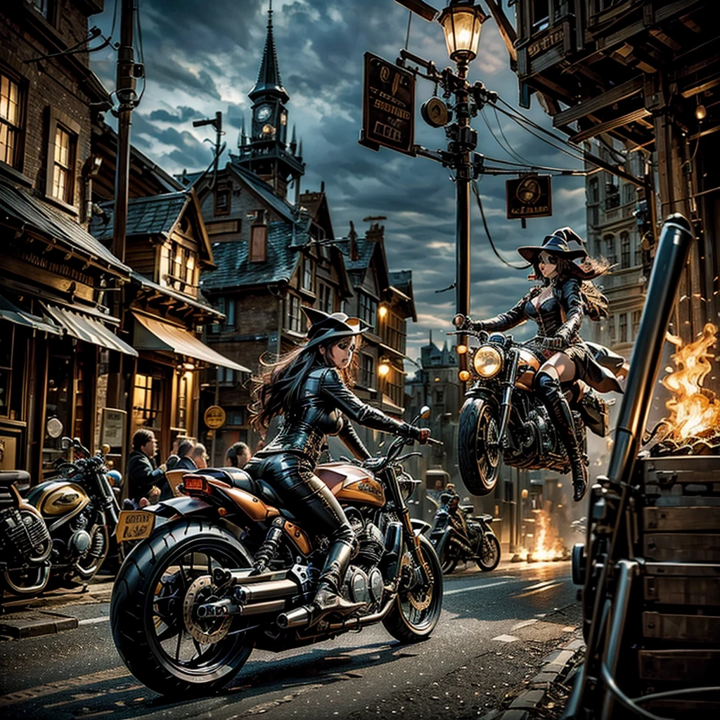 A realistic and detailed image of a sexy and hot steampunk witch traveling on a steampunk flying motorbike, with a demonic creature riding behind her