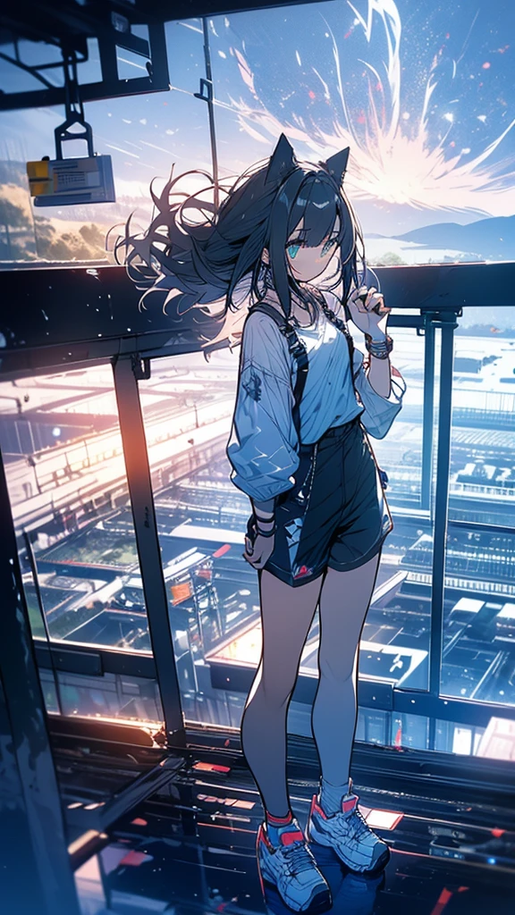 Exquisite detail,Highest quality, One girl, alone, handrail, cloud, Looking up at the buildings,Long Hair, zero, Long sleeve, Power lines, White footwear, Black Hair, View your viewers, Electric pole, bangs, cloudy zero, fish, bird, Green Eyes, Shorts, Day, Black Shirt, barefoot,Blue sky,Star,milky way,Pitch black,Buildings,Standing and looking up,Loose perm, Fuji Mountain,