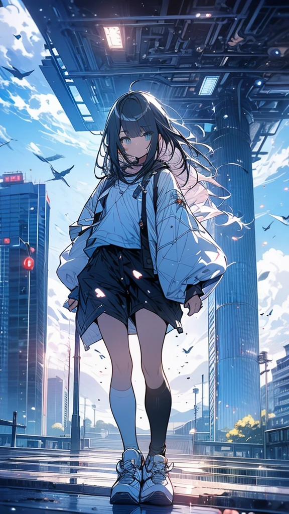 Exquisite detail,Highest quality, One girl, alone, handrail, cloud, Looking up at the buildings,Long Hair, zero, Long sleeve, Power lines, White footwear, Black Hair, View your viewers, Electric pole, bangs, cloudy zero, fish, bird, Green Eyes, Shorts, Day, Black Shirt, barefoot,Blue sky,Star,milky way,Pitch black,Buildings,Standing and looking up,Loose perm, Fuji Mountain,