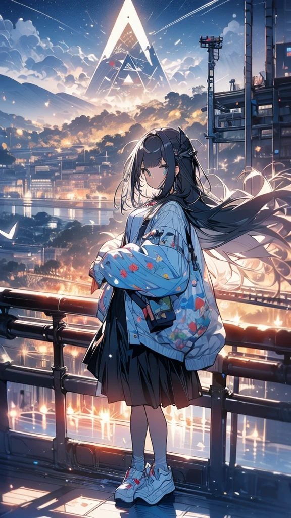 Exquisite detail,Highest quality, One girl, alone, handrail, cloud, Looking up at the buildings,Long Hair, zero, Long sleeve, Power lines, White footwear, Black Hair, View your viewers, Electric pole, bangs, cloudy zero, fish, bird, Green Eyes, Shorts, Day, Black Shirt, barefoot,Blue sky,Star,milky way,Pitch black,Buildings,Standing and looking up,Loose perm, Fuji Mountain,