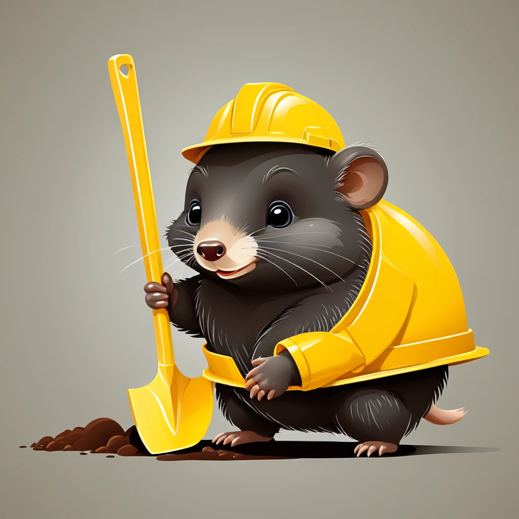 Cute Mole, figure, Vector graphics, Strong Contours, Yellow construction helmet,shovel