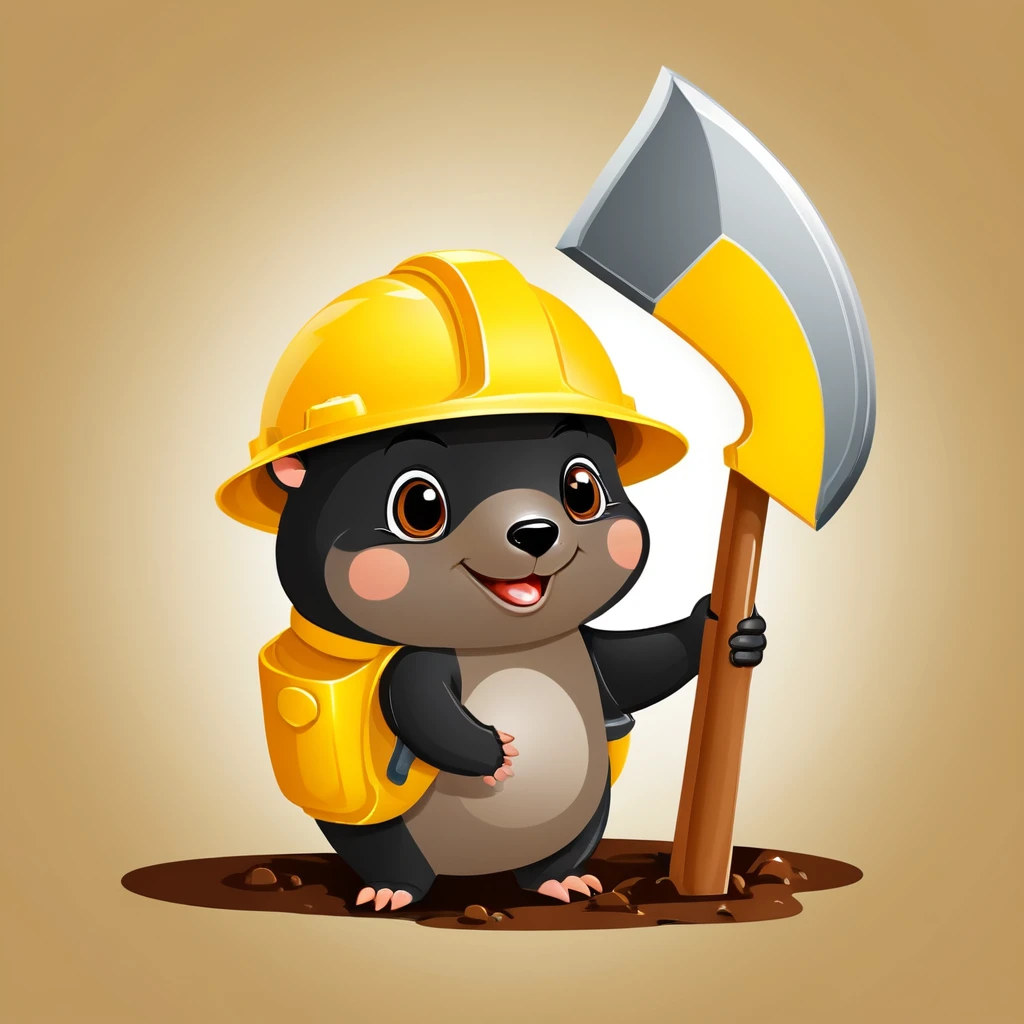 Cute Mole, figure, Vector graphics, Strong Contours, Yellow construction helmet,shovel