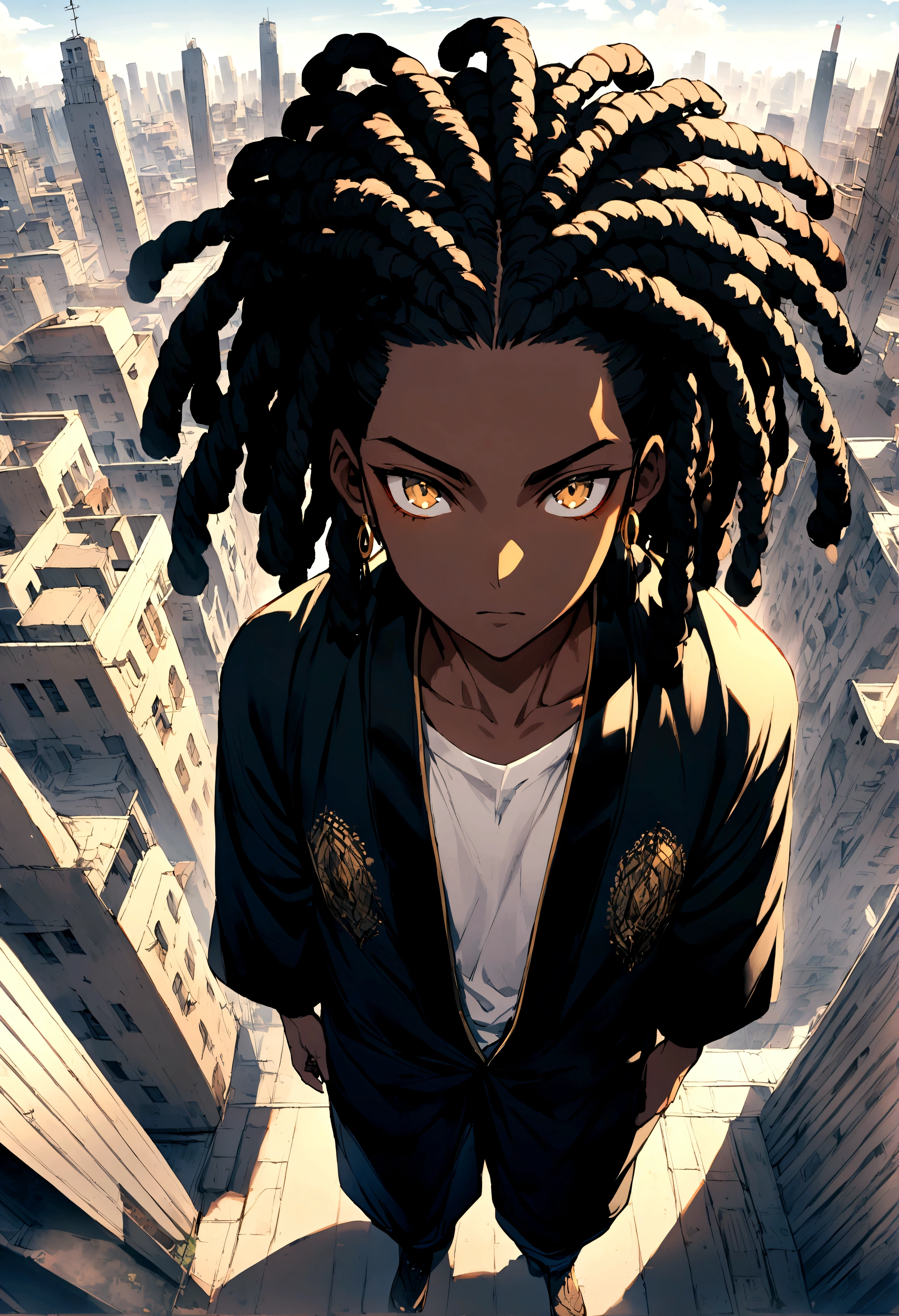 1 man, long black hair with dreadlocks, gold eyes, dark-skinned, african, wearing black haori, athletic constitution, City, looking at the viewer