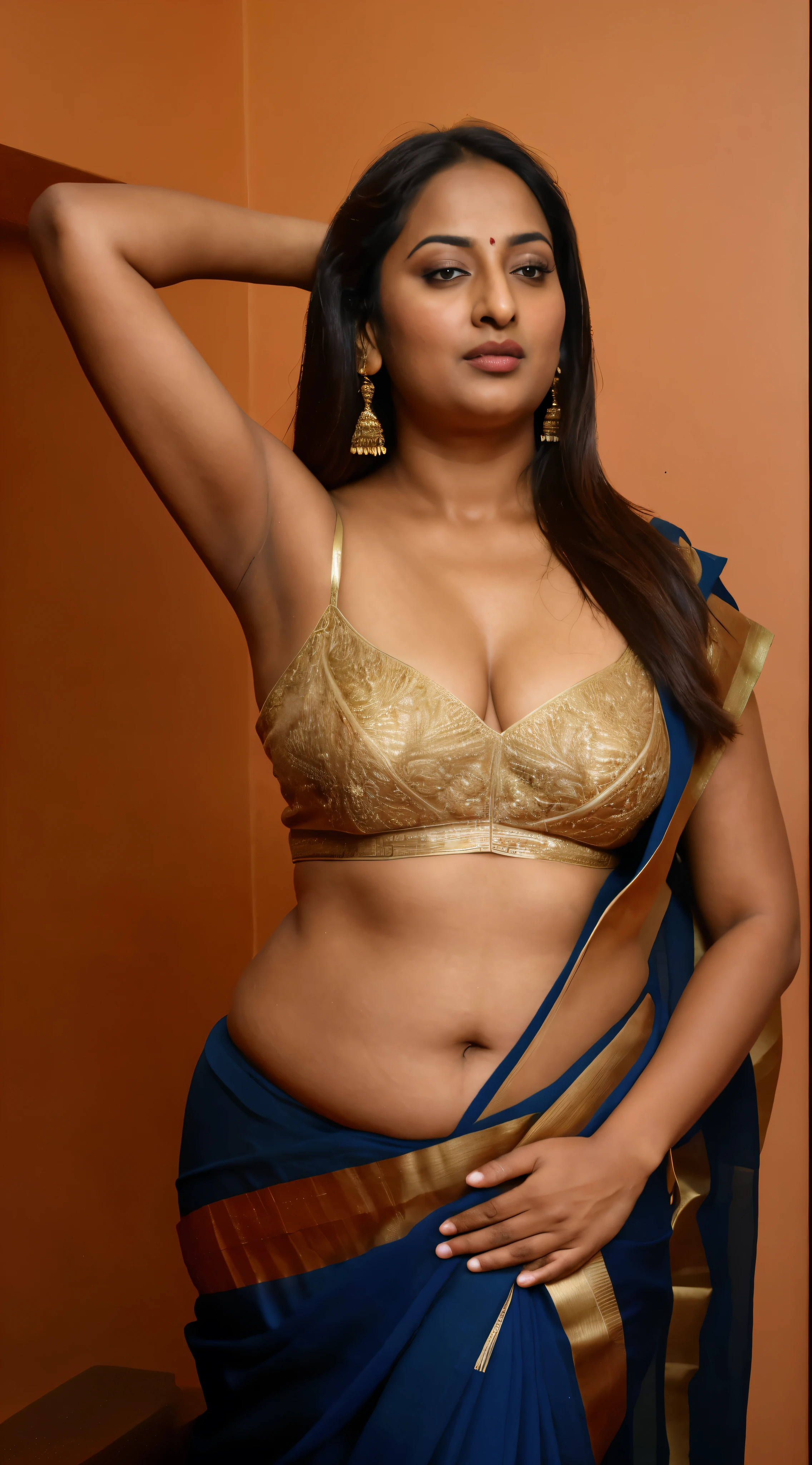 Foto RAW, photorealistic, photography, full body shot, 50 years old Woman, master shot, perfect eyes, goddess like beauty, pierced eyes, perfect thick chubby mallu Desi aunty bhabhi, Wearing a Stanapatta, a chest-band.Saree model, model Photography, Indian saree shoot, Indian traditional wear advertising photography, traditional wear brand shoot, face of Indian actress Sonakshi Sinha, masterpiece, realistic, realism, incredible details, pleasure, photorealism, detailed skin, skin pores, high contrast, photorealistic Artstation 8k HD digital art trend of high definition and detailed realistic skin texture, ultra detail, realistic skin texture, armature, best quality, ultra high definition, (photorealistic:1.4),, high resolution, detail, raw photo, sweat, Re sharp, by Lee Jefferies Nikon D850 Film Stock Photo 4 Kodak Portra 400 Camera F1.6 Lens Rich Color Ultra Real Realistic Realistic Textures Dramatic Lighting Unreal Engine Trending at Art Station Cinestill 800,(pele altamente detalhada: 1.2), 8k UHD, DSLR, soft-lighting, alta qualidade, grain of film, Fujifilm XT3,she didn't like to wear blouse or bra, she is happy to wear only saree, she hates blouse or bra, detailed hairy armpits, hyper realistic skin, skin pores, sweat, veins, short hairs on armpit, stubble armpits, hyper realistic hairy armpits,