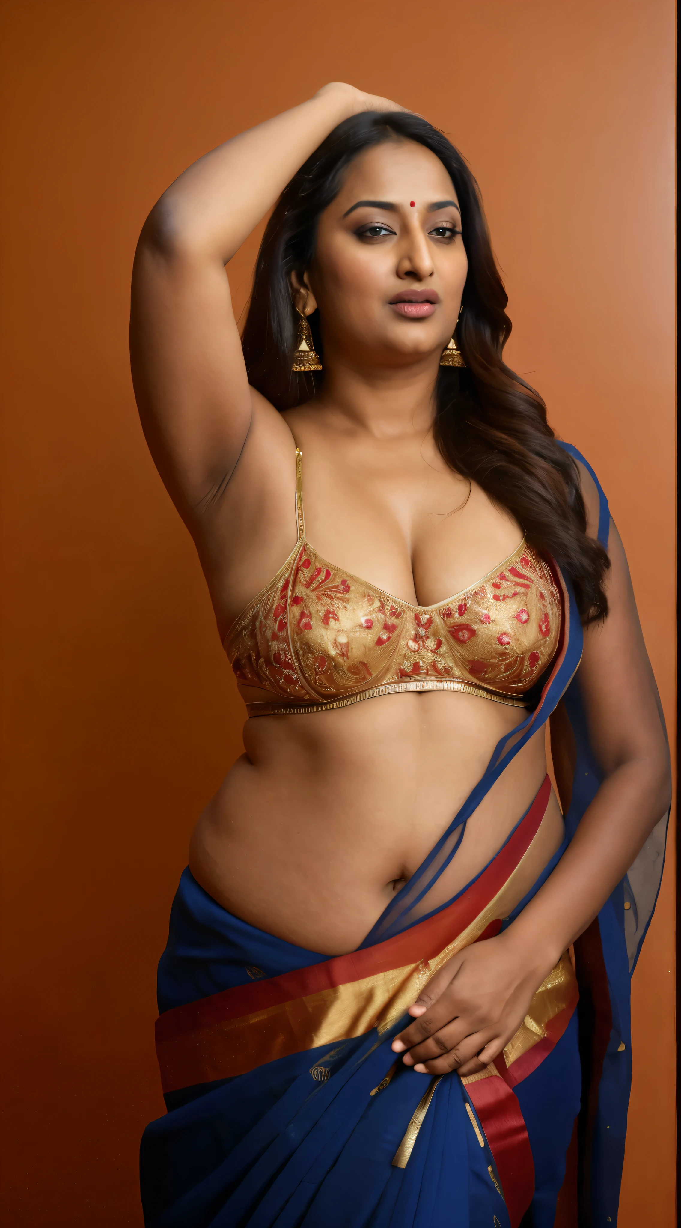 Foto RAW, photorealistic, photography, full body shot, 50 years old Woman, master shot, perfect eyes, goddess like beauty, pierced eyes, perfect thick chubby mallu Desi aunty bhabhi, Wearing a Stanapatta, a chest-band.Saree model, model Photography, Indian saree shoot, Indian traditional wear advertising photography, traditional wear brand shoot, face of Indian actress Sonakshi Sinha, masterpiece, realistic, realism, incredible details, pleasure, photorealism, detailed skin, skin pores, high contrast, photorealistic Artstation 8k HD digital art trend of high definition and detailed realistic skin texture, ultra detail, realistic skin texture, armature, best quality, ultra high definition, (photorealistic:1.4),, high resolution, detail, raw photo, sweat, Re sharp, by Lee Jefferies Nikon D850 Film Stock Photo 4 Kodak Portra 400 Camera F1.6 Lens Rich Color Ultra Real Realistic Realistic Textures Dramatic Lighting Unreal Engine Trending at Art Station Cinestill 800,(pele altamente detalhada: 1.2), 8k UHD, DSLR, soft-lighting, alta qualidade, grain of film, Fujifilm XT3,she didn't like to wear blouse or bra, she is happy to wear only saree, she hates blouse or bra, detailed hairy armpits, hyper realistic skin, skin pores, sweat, veins, short hairs on armpit, stubble armpits, hyper realistic hairy armpits,