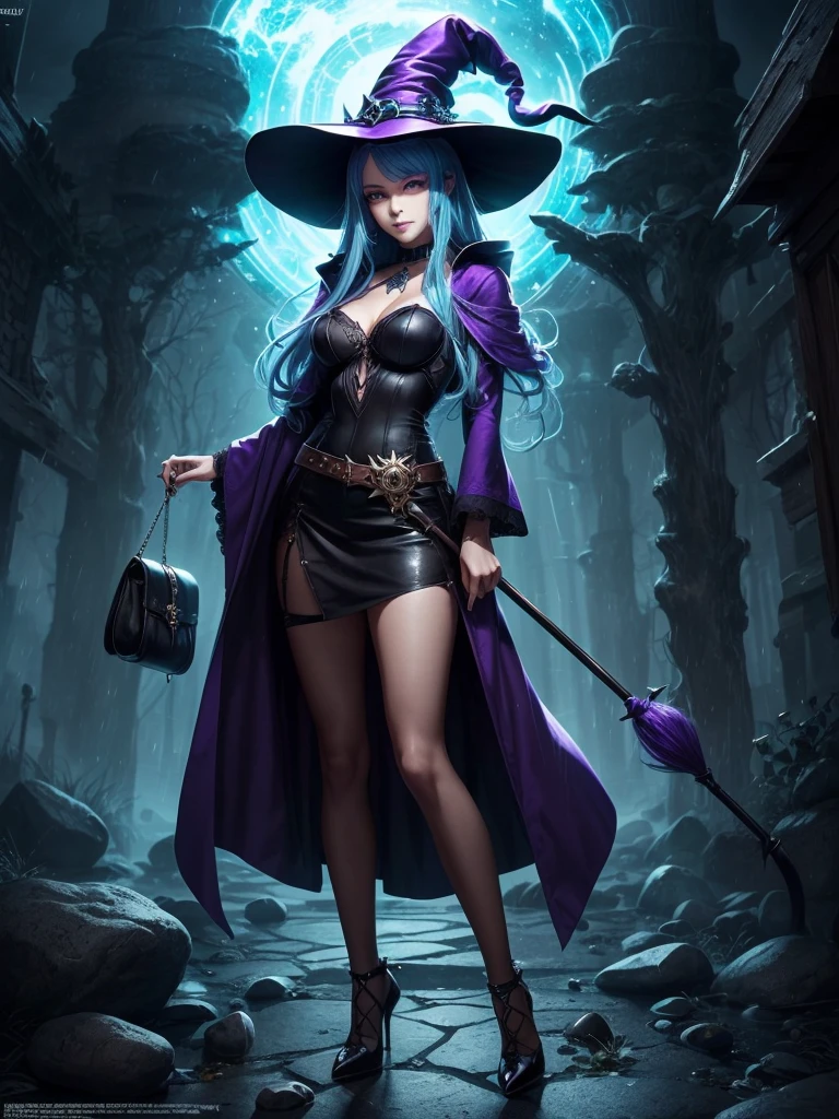 In the middle of so the storm on the stone field stand beatiful witch, she have a beautiful face with blue eyes shining purple lipstick and purple eye shadows, she have long blue hair with purple highlights, she dressed in black long coat short skirt high heels shoes and witch hat on her head , there is lighnings all around her, (ultra high quality fantasy art, anime fantasy style, masterpiece, ultra high quality character design, 8k quality anime art, realistic anime art, top quality wallpaper illustration, detailed ultra high quality accurate face, high quality design and accurate physic)