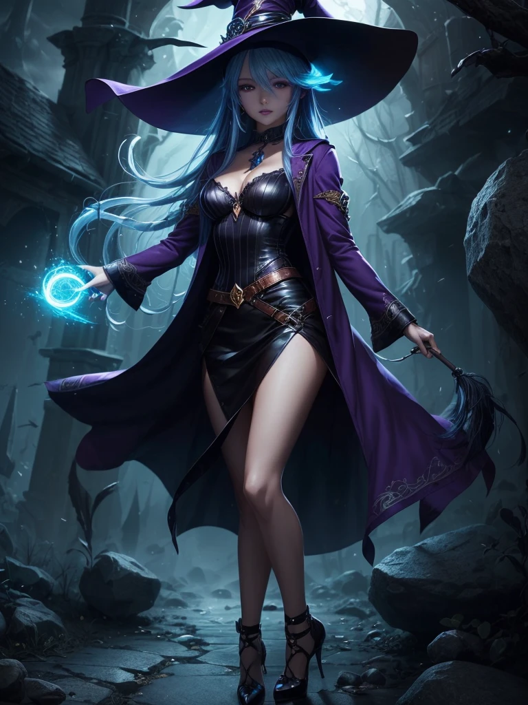 In the middle of so the storm on the stone field stand beatiful witch, she have a beautiful face with blue eyes shining purple lipstick and purple eye shadows, she have long blue hair with purple highlights, she dressed in black long coat short skirt high heels shoes and witch hat on her head , there is lighnings all around her, (ultra high quality fantasy art, anime fantasy style, masterpiece, ultra high quality character design, 8k quality anime art, realistic anime art, top quality wallpaper illustration, detailed ultra high quality accurate face, high quality design and accurate physic)