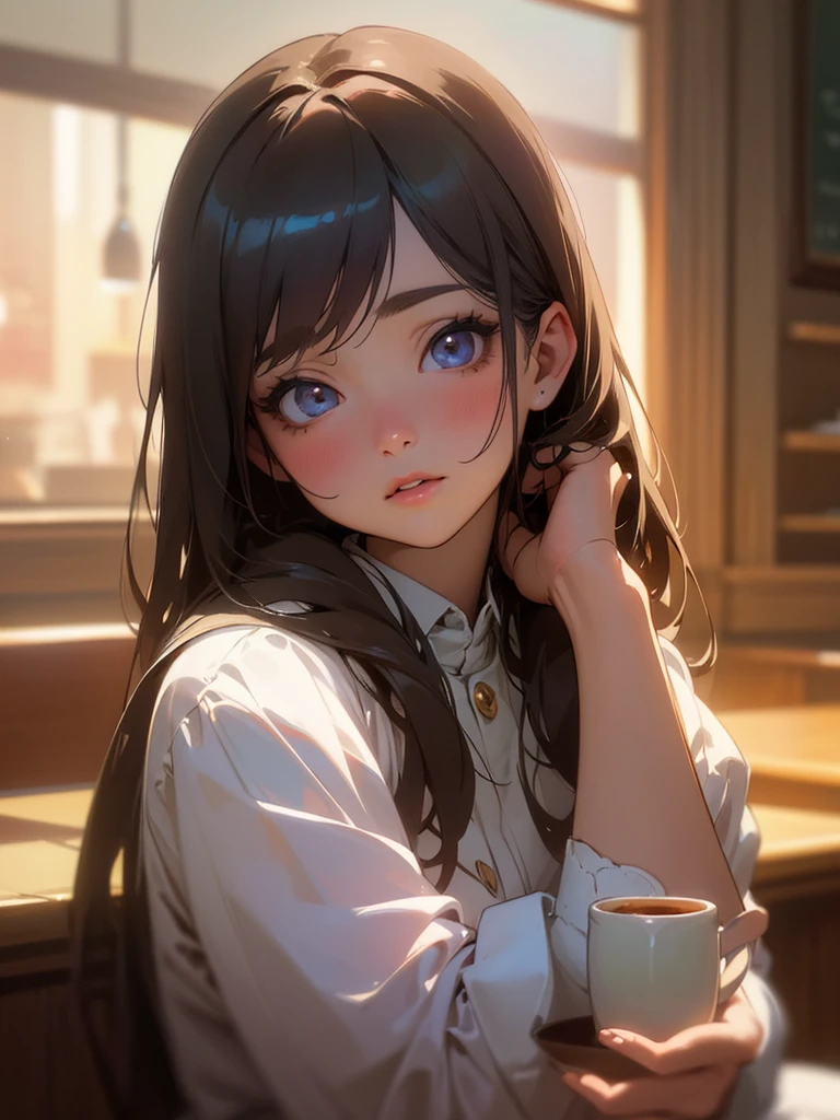 a beautiful detailed eyes, beautiful detailed lips, extremely detailed eyes and face, long eyelashes, realistic young anime girl, cute natural anime face, kawaii realistic portrait, realistic anime 3d style, cute kawaii girl, attractive anime girl, photorealistic anime, mysterious coffee shop girl, young anime girl, cute anime girl, anime girl with long hair, holding a cup of coffee, in a coffee shop, cinematic lighting, intricate details, highly detailed, hyper realistic, vibrant colors, soft focus, chiaroscuro lighting, ambient occlusion, volumetric lighting, physically-based rendering, masterpiece, digital art, 8k, high resolution